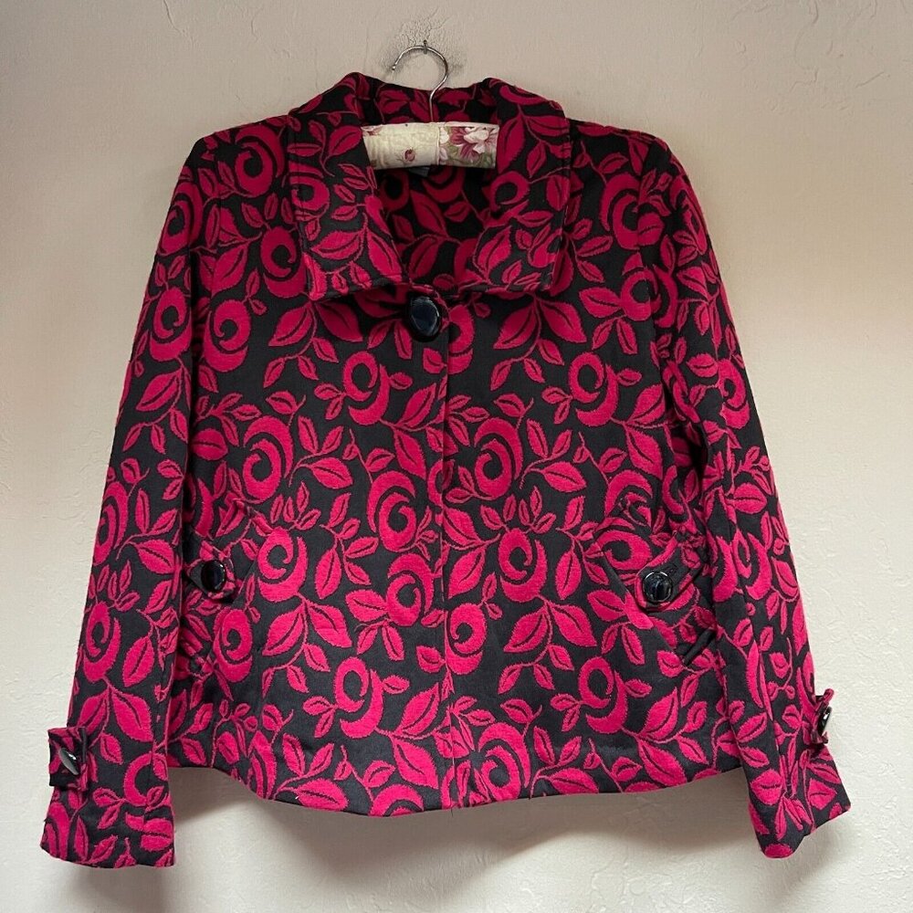 La Vita Womens Small Button-Front Black & Pink Floral Coat Blazer Jacket Casual